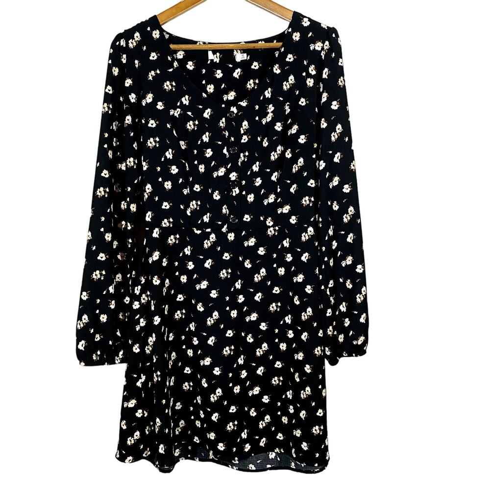 Floral Shirt Dress Button Front Long Sleeve Knee Length Black Tan - M